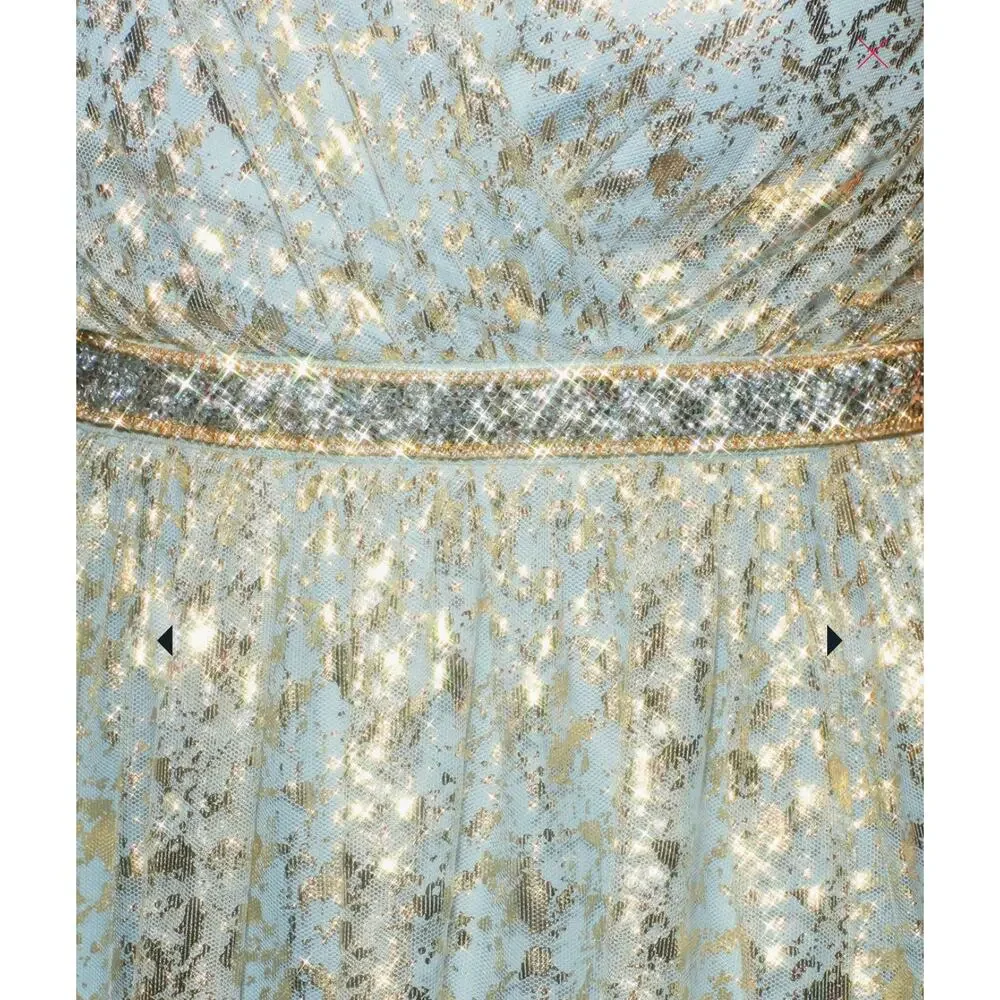 Teeze Me Metallic Foil Pleated V-Neck Gown From David's Bridal Light Blue Sz 5 - Picture 2 of 16